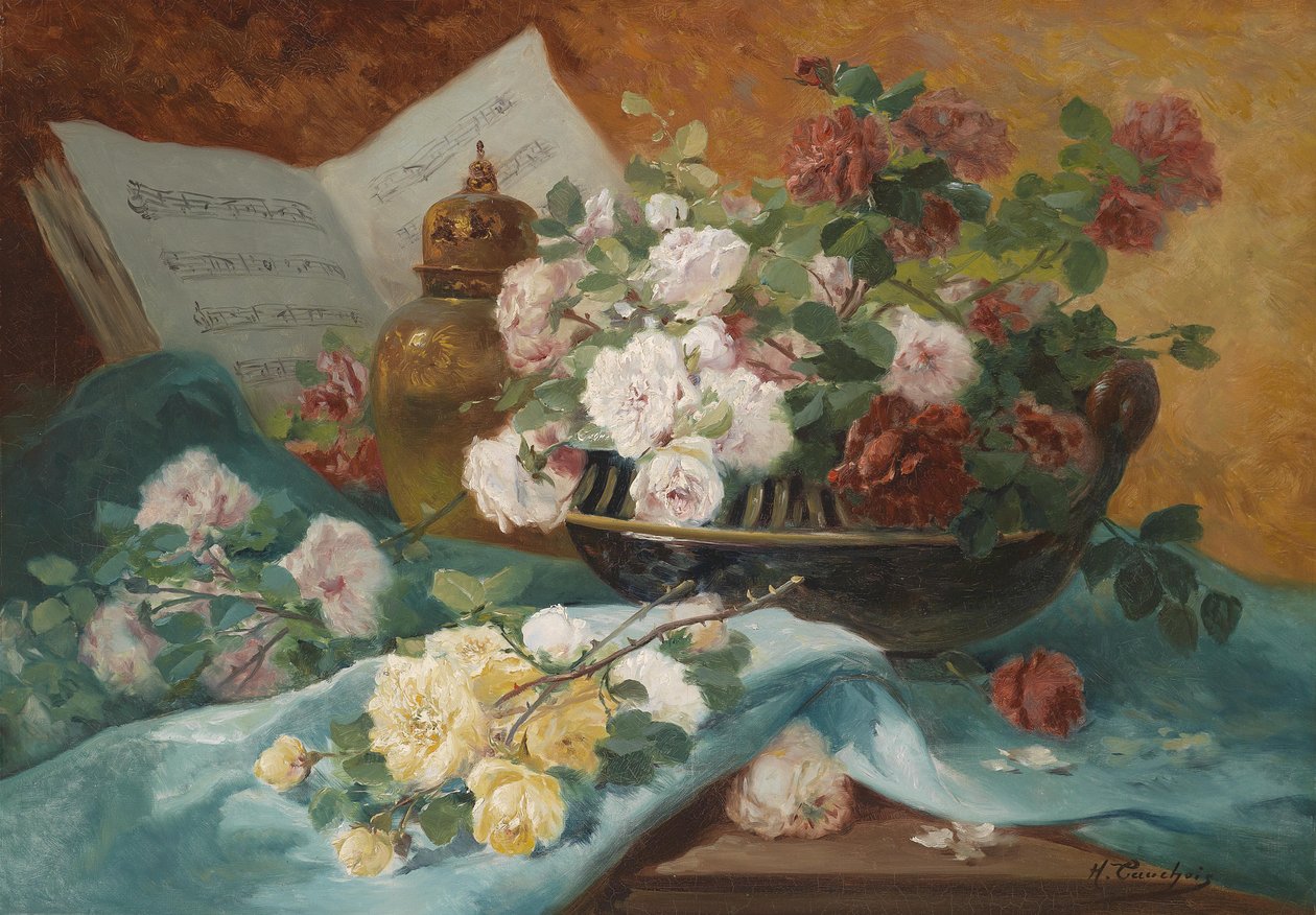 Naturaleza muerta con rosas en un cuenco, objeto decorativo y partitura de Eugene Henri Cauchois