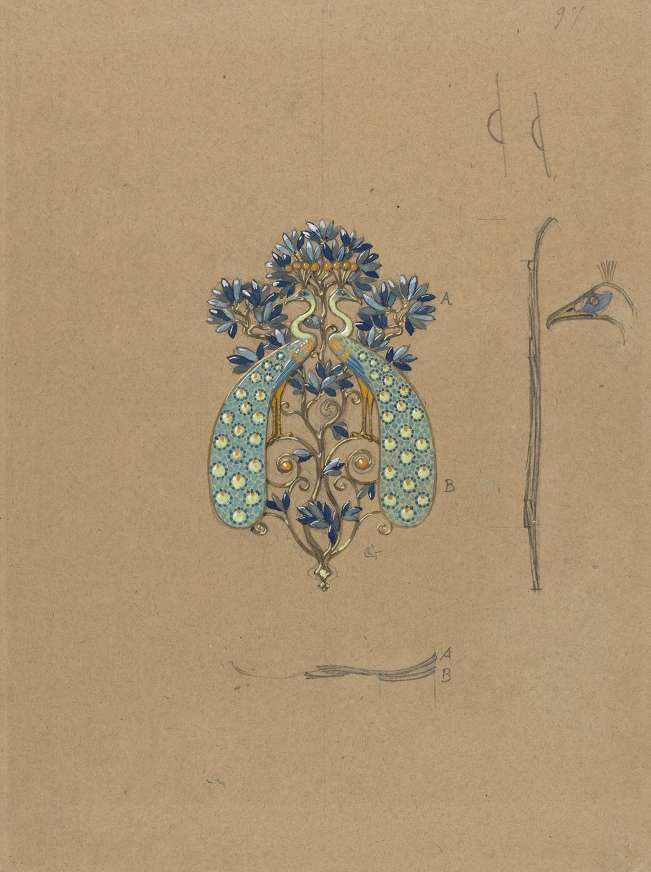 Diseño para una hebilla de cinturón con motivo de pavo real de Eugene Grasset