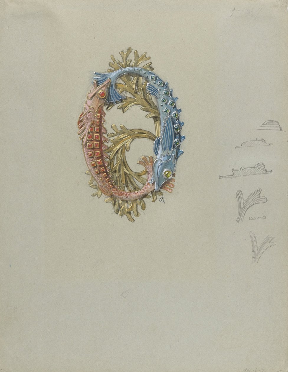 Diseño para una hebilla de cinturón con dos peces y algas de Eugene Grasset