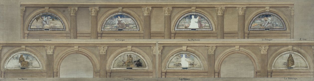 Boceto para el comedor del Hôtel de Ville de París: Los Campos. El huerto. El Parterre. El huerto. La pesca. La caza. La Granja. La dehesa, hacia 1891 (tinta, óleo sobre lápiz, papel sobre lienzo) de Eugène Martial Simas
