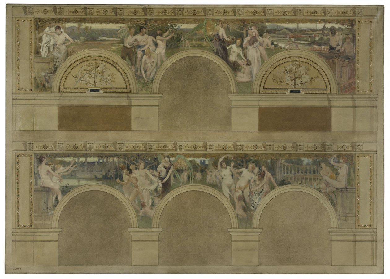 Boceto para uno de los salones introductorios del Hôtel de Ville de París: Le Travail. Les Réjouissances. La Charité, en 1892 (tinta negra, óleo sobre lienzo) de Eugène Martial Simas