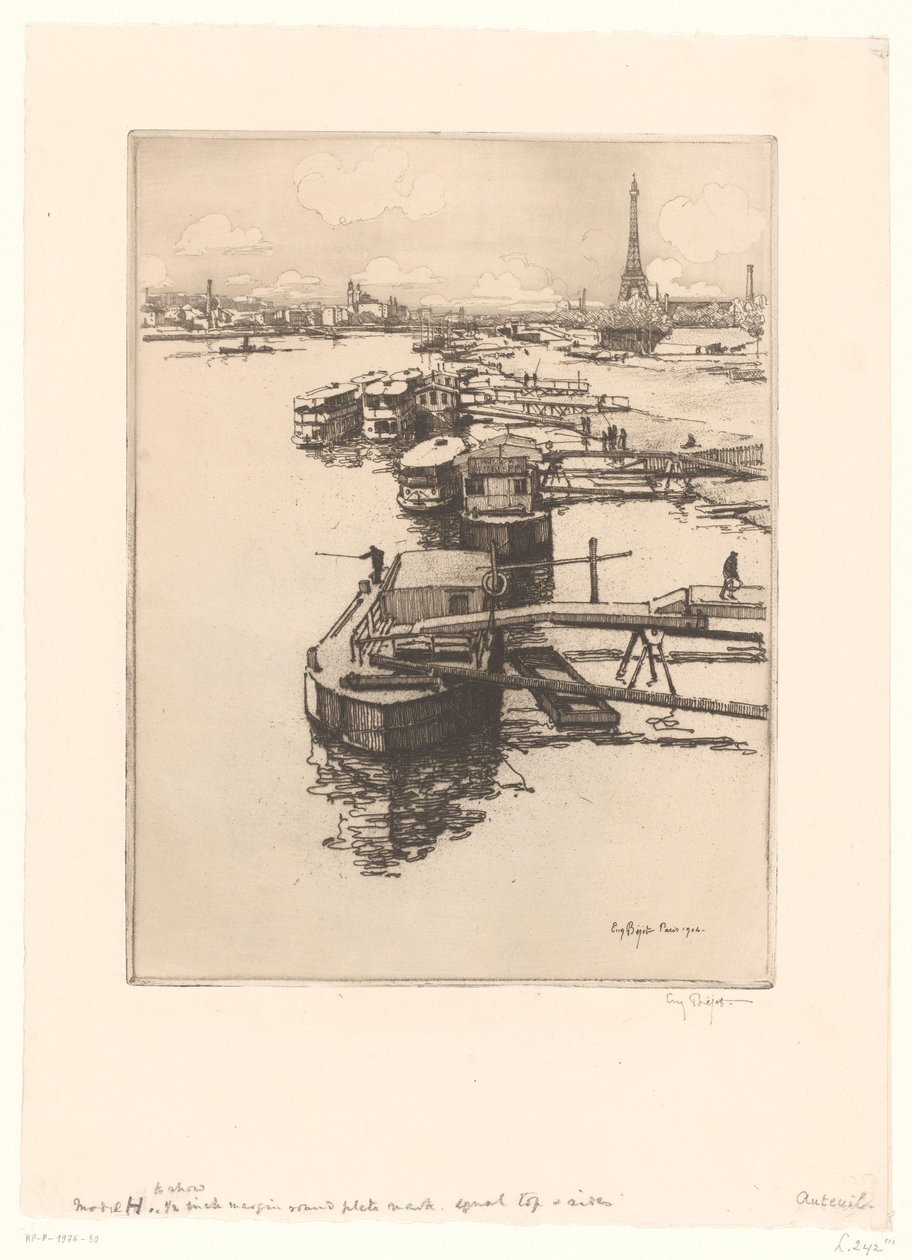 Muelle con barcos ómnibus en París con la Torre Eiffel al fondo de Eugène Bejot (signed by artist)
