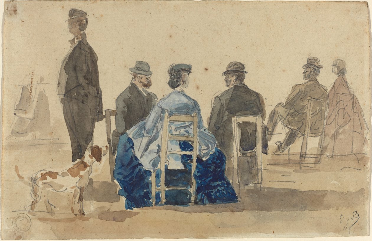Damas y caballeros sentados en la playa con un perro de Eugène Boudin