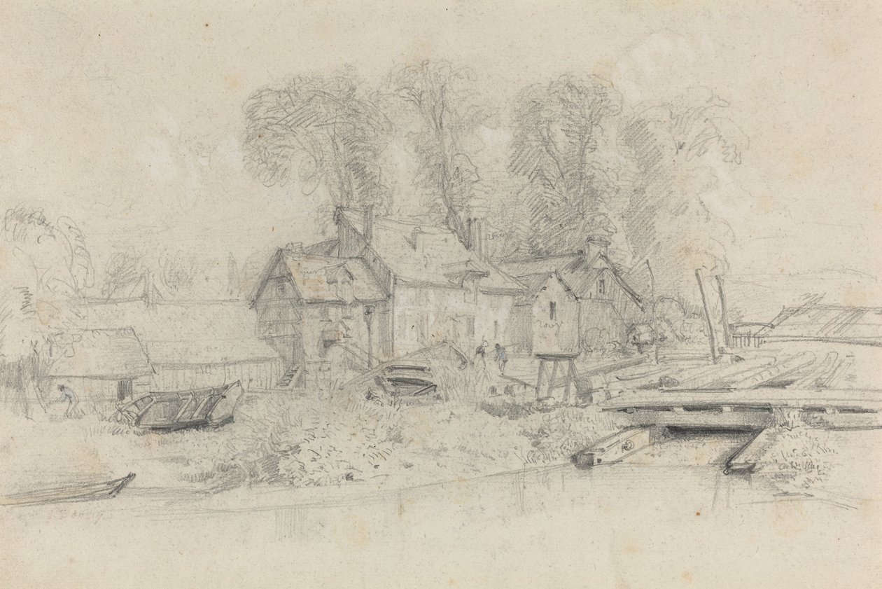 Paisaje fluvial con edificios, barcos y figuras de Eugène Boudin