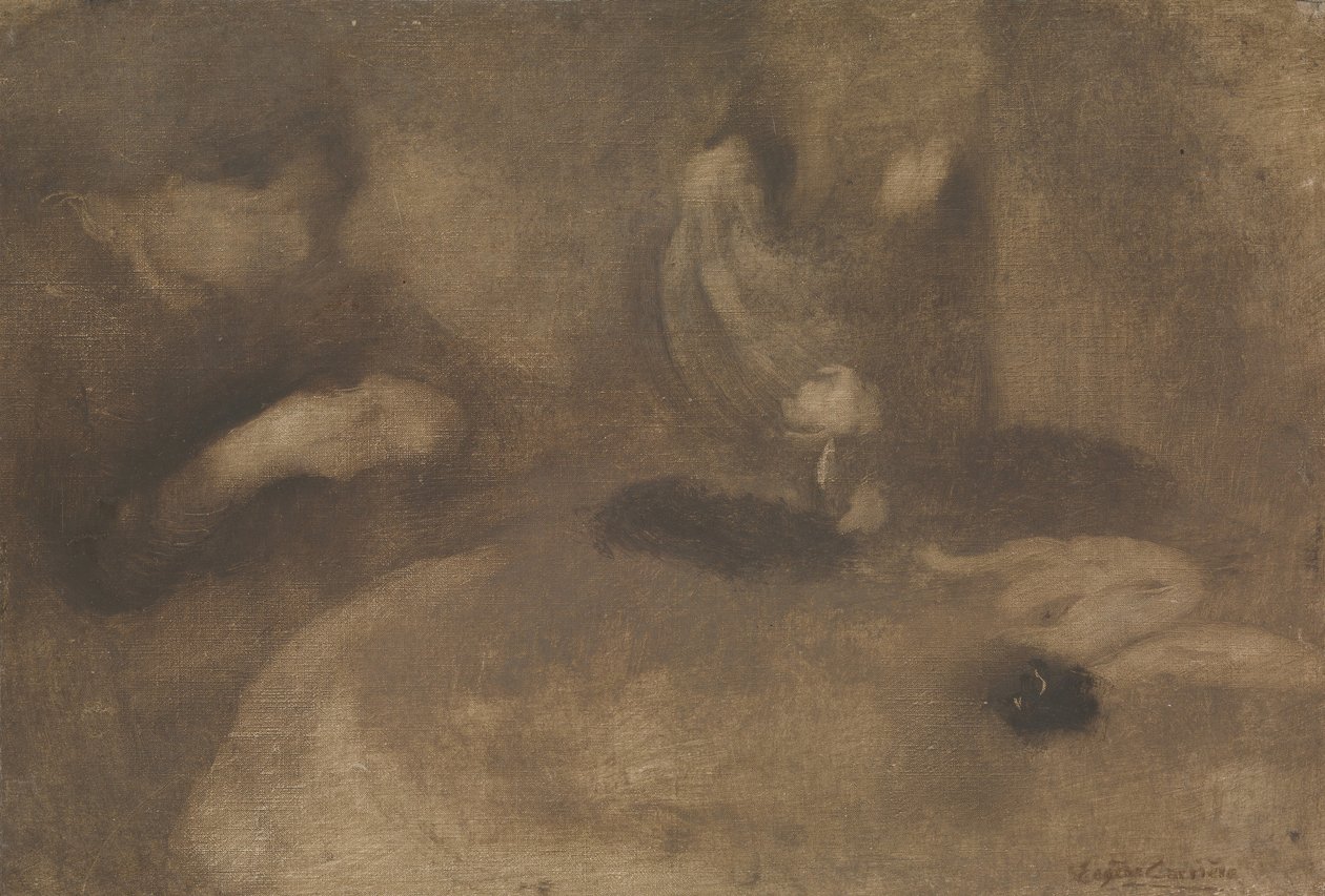 Mujeres Cosiendo en una Mesa de Eugène Carrière