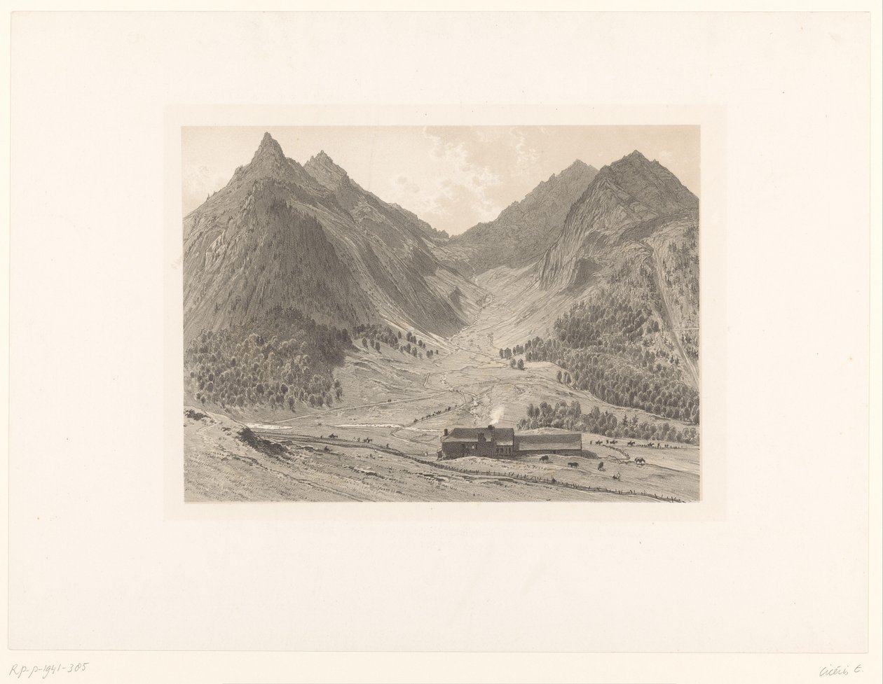 Paisaje de montaña con casa en un prado alpino de Eugène Cicéri (attributed to)