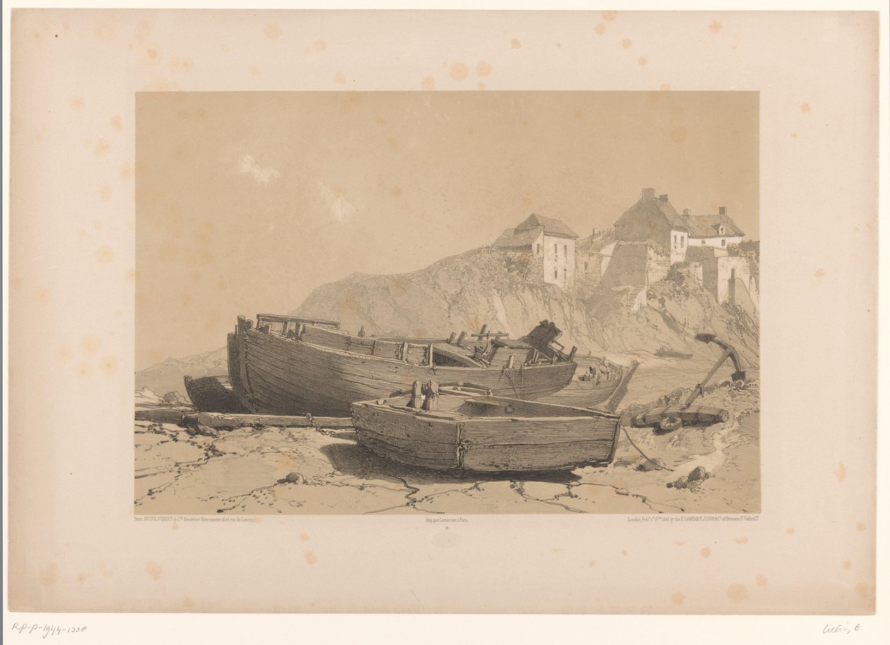 Costa rocosa con barcos y pueblo pesquero de Eugène Cicéri (attributed to)