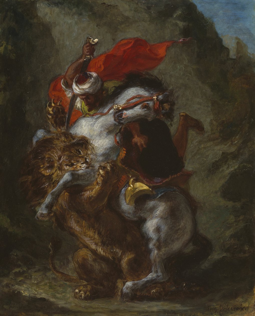 Jinete árabe atacado por un león de Eugène Delacroix