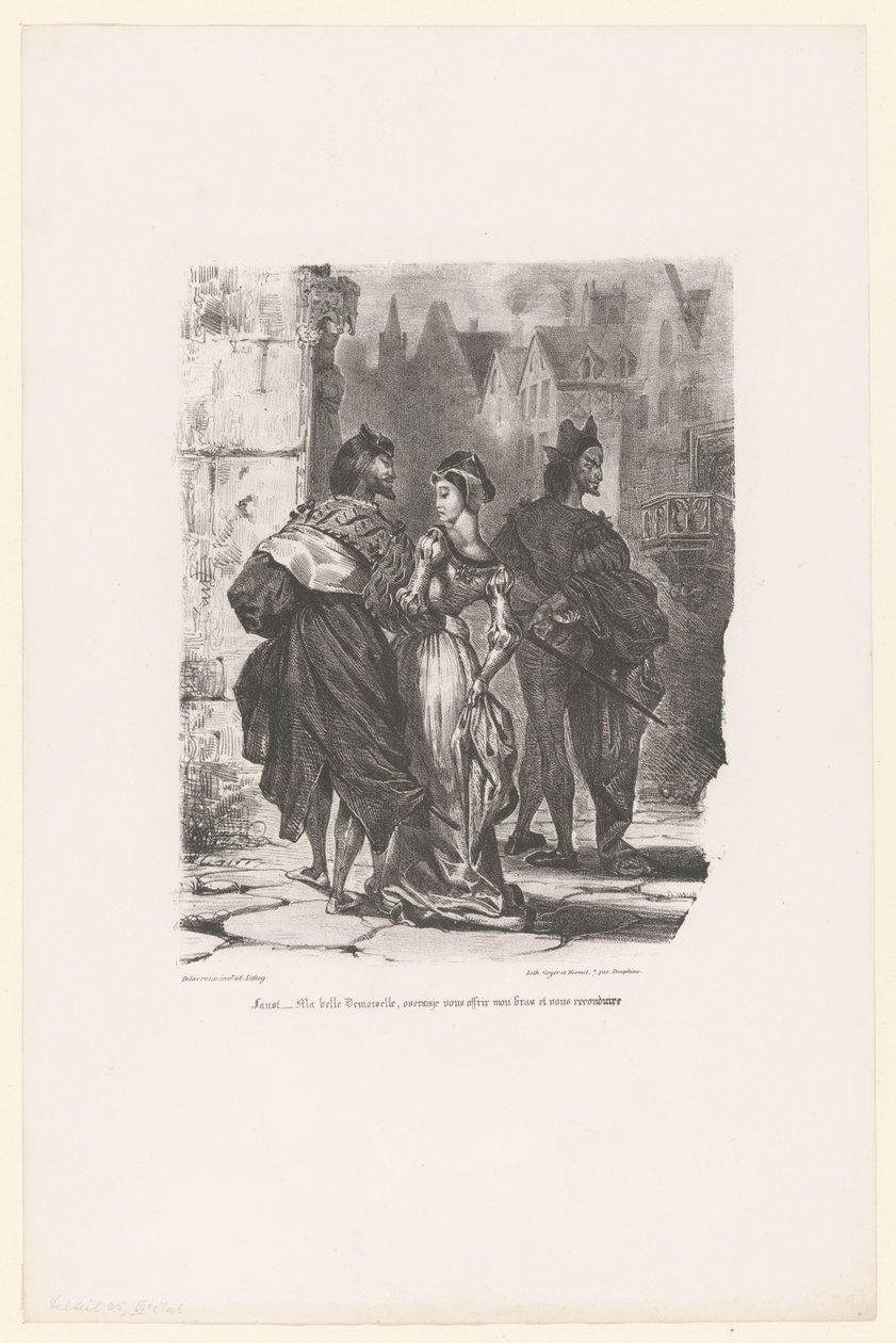 Faust probeert Grietje te verleiden Fausto: Mi hermosa jovencita, ¿me atrevería a ofrecerte mi brazo y llevarte a casa? (título en el objeto) Fausto (título de la serie) Fausto, tragedia de M. de Goethe (título de la serie) de Eugène Delacroix