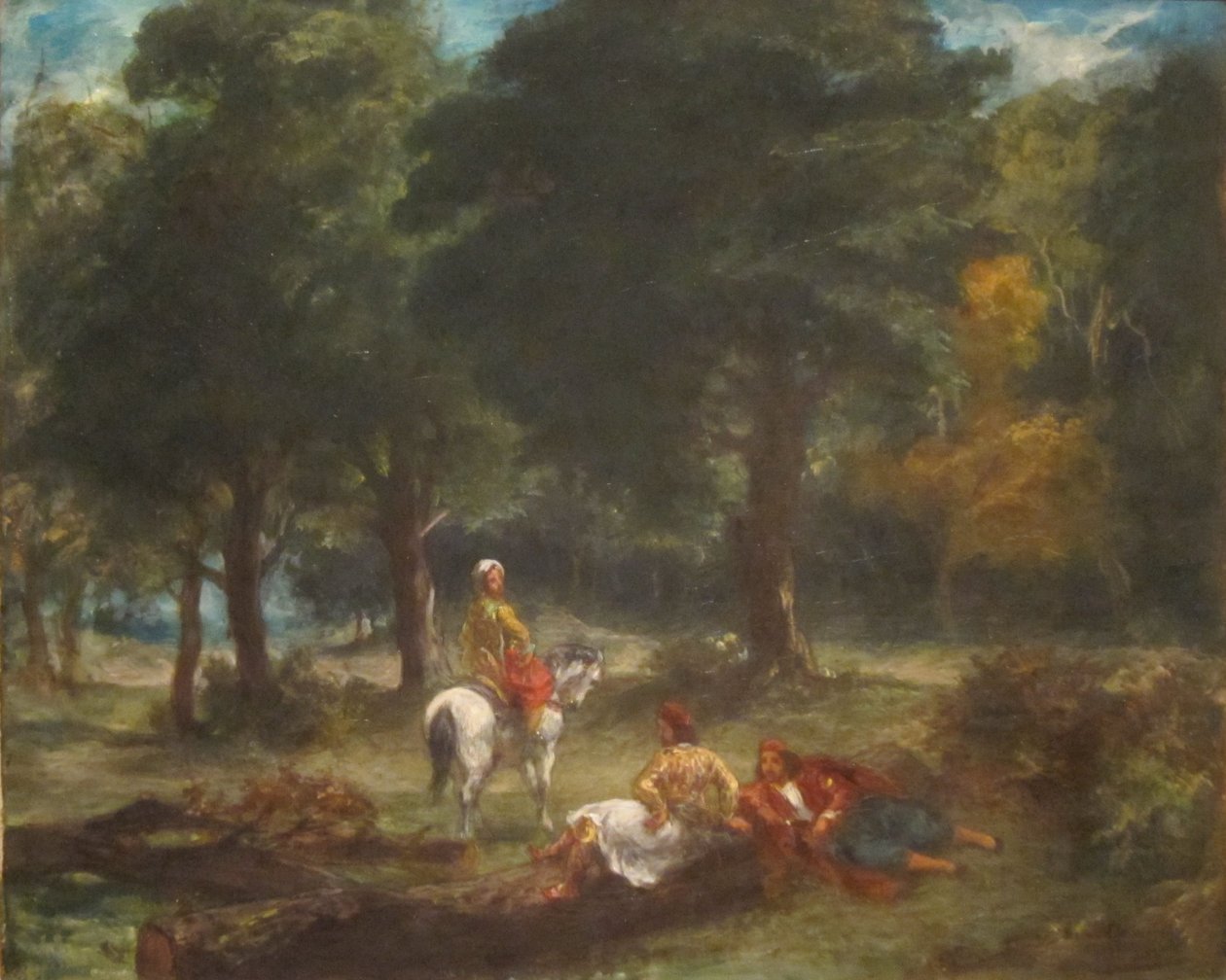 Hombres de las cavernas griegas descansando en el bosque de Eugène Delacroix