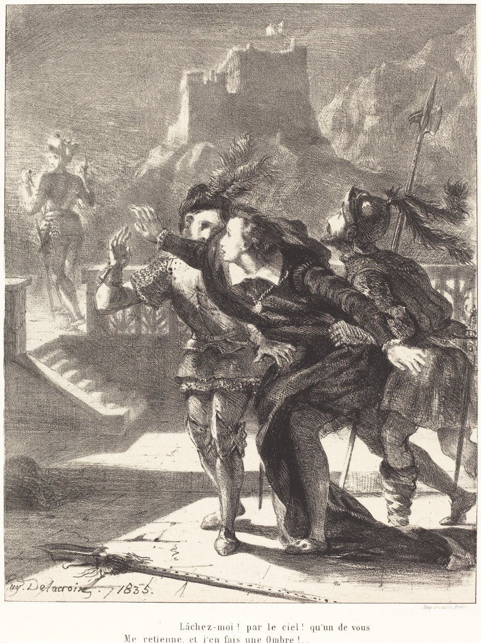 Hamlet desea seguir al fantasma de su padre (Acto I, Escena IV) de Eugène Delacroix