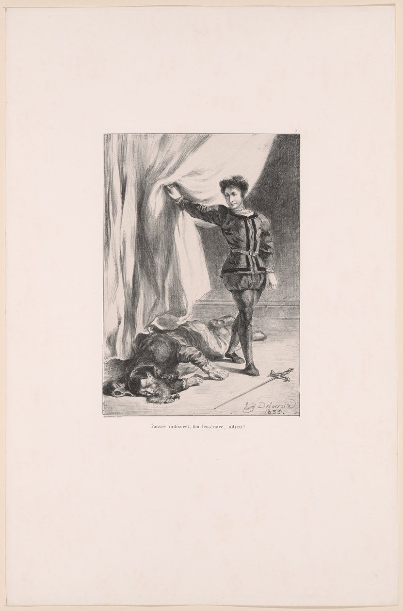 Hamlet y el cadáver de Polonio, lámina 11 de Hamlet de Eugène Delacroix