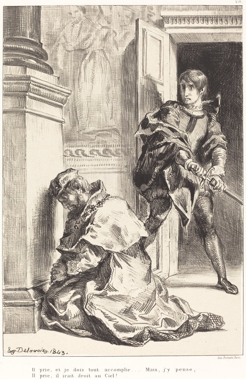 Hamlet Tentado a Matar al Rey (Acto III, Escena III) de Eugène Delacroix