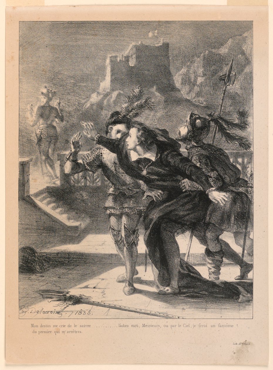 Ilustración para Hamlet: Hamlet intenta seguir al fantasma de su padre (I,4) de Eugène Delacroix