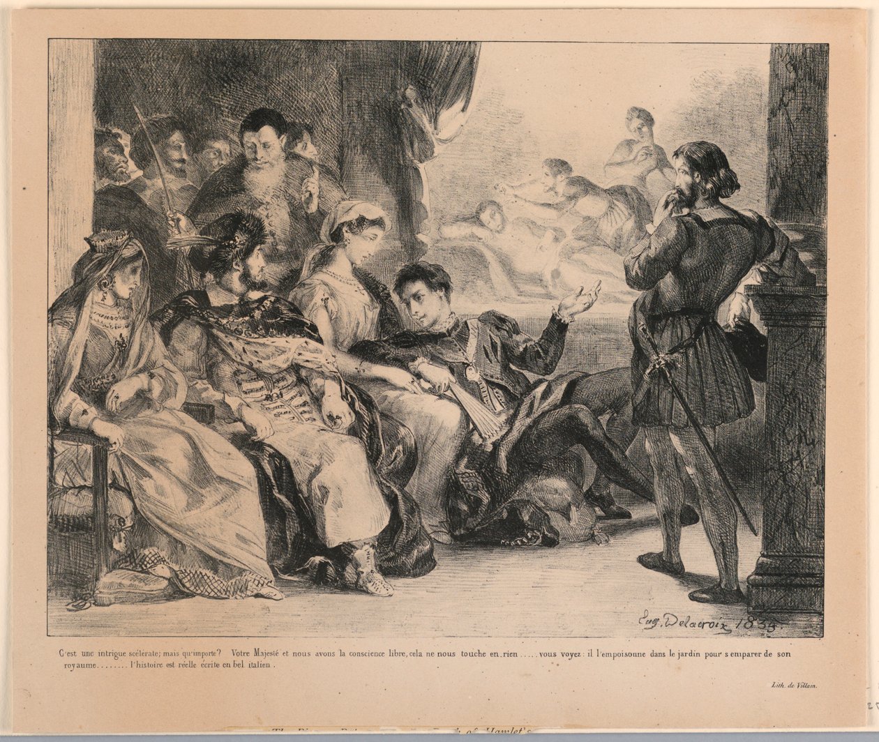 Ilustración para Hamlet: Los actores representan la muerte del padre de Hamlet (III,2) de Eugène Delacroix