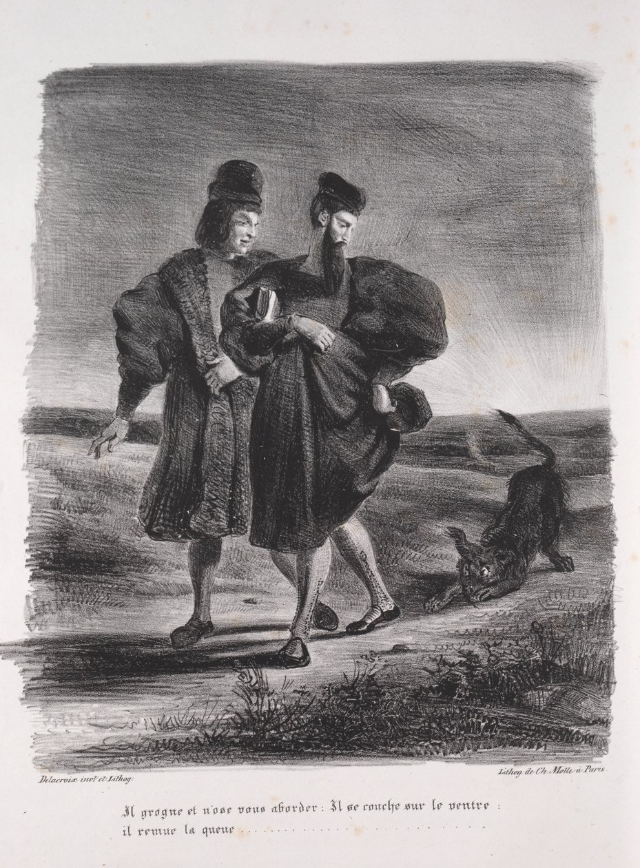 Ilustraciones para Fausto: Fausto, Mefistófeles y el barbet de Eugène Delacroix