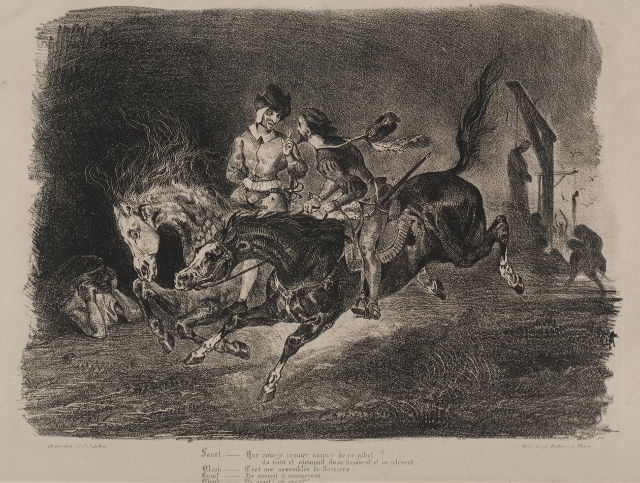 Ilustraciones para Fausto: Fausto y Mefistófeles cabalgando en el Sabbath de Eugène Delacroix