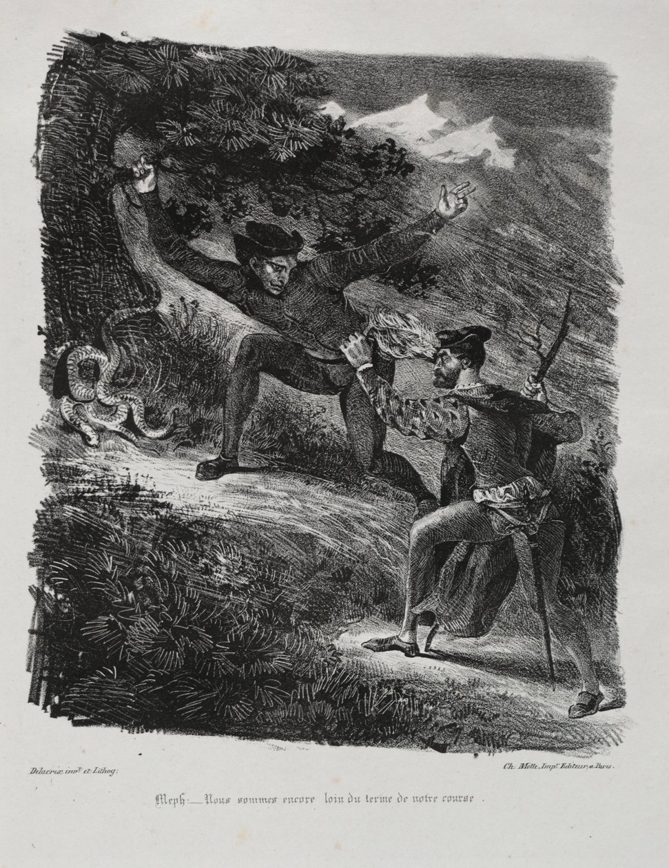 Ilustraciones para Fausto: Fausto y Mefistófeles en las montañas del Harz de Eugène Delacroix