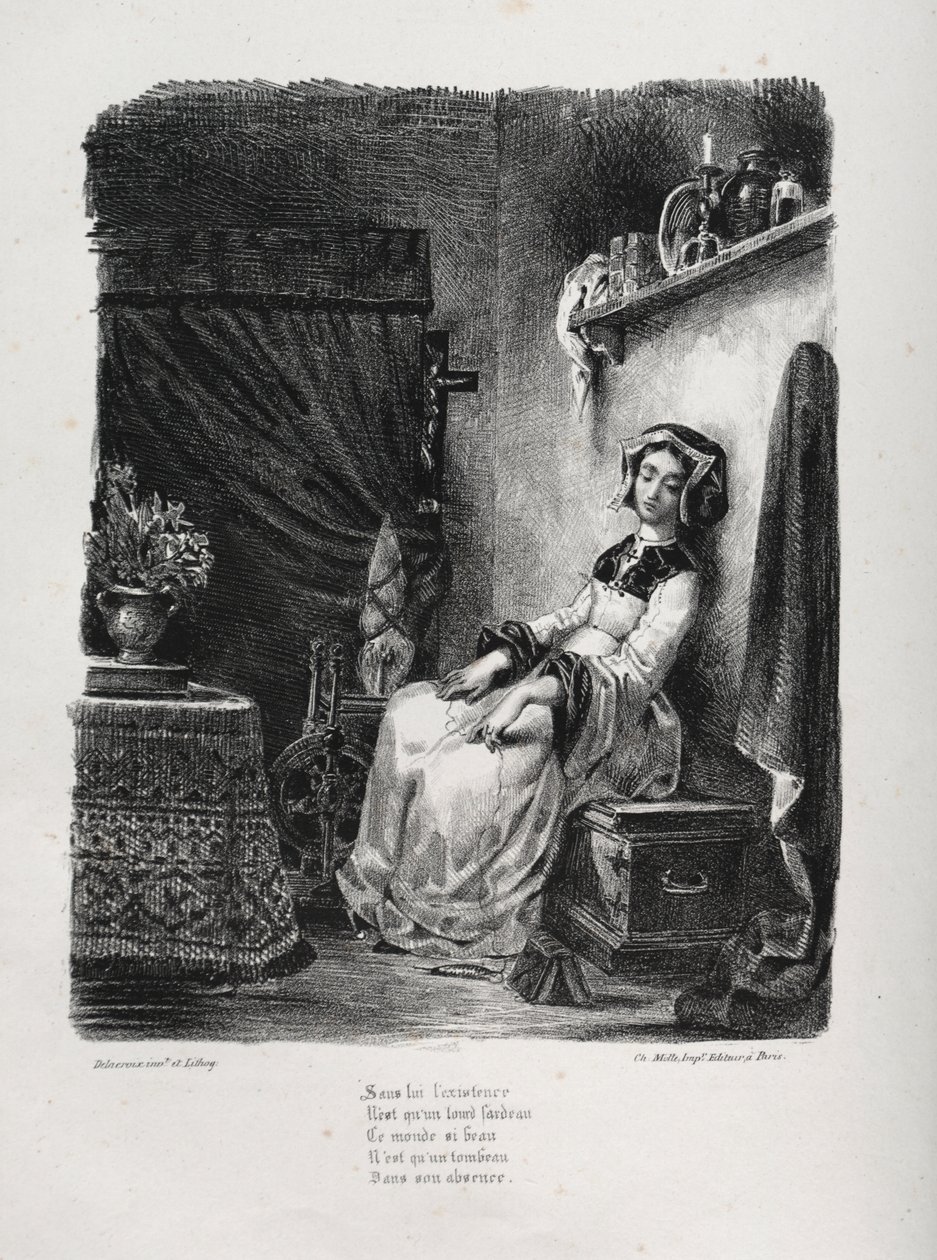 Ilustraciones para Fausto: Margarita con la rueda de Eugène Delacroix