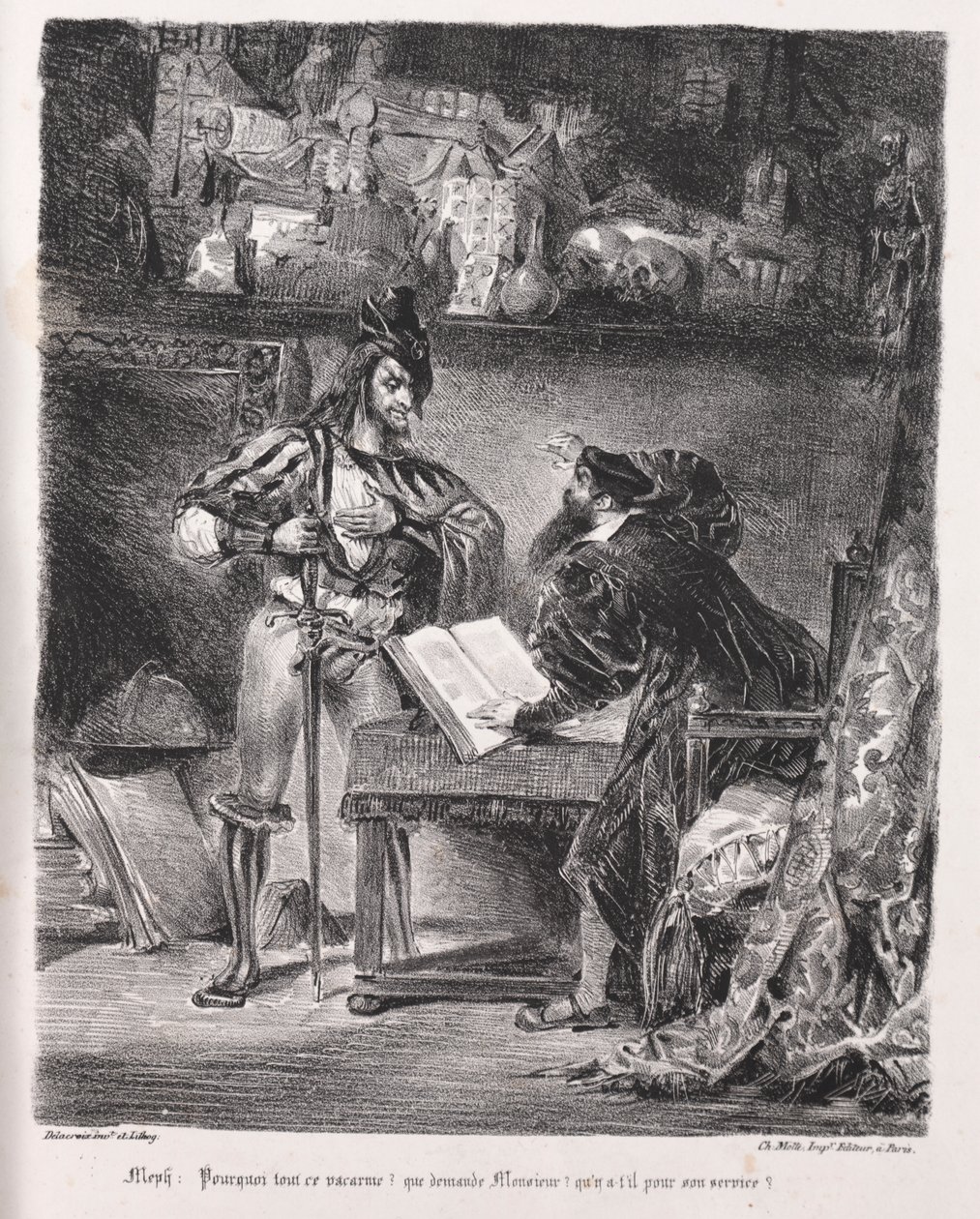 Ilustraciones para Fausto: Mefistófeles visita a Fausto de Eugène Delacroix
