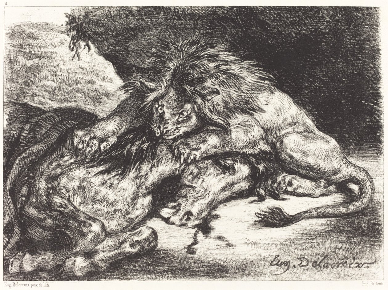 León devorando un caballo de Eugène Delacroix