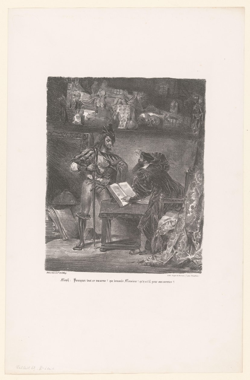 Mephisto verschijnt aan Faust Meph: ¿Por qué tanto alboroto? (...) (título sobre objeto) Fausto (título de la serie) Fausto, tragedia de M. de Goethe (título de la serie) de Eugène Delacroix