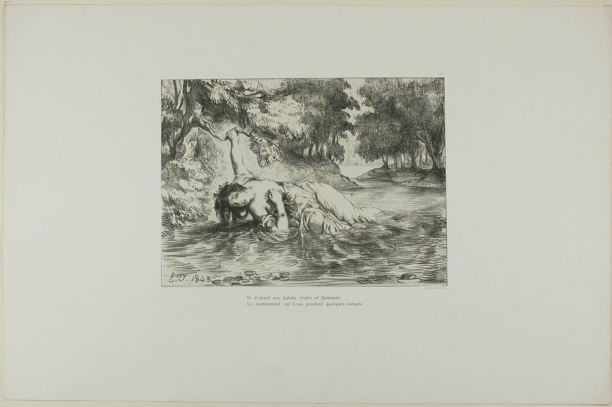 La muerte de Ofelia, lámina 13 de Hamlet de Eugène Delacroix