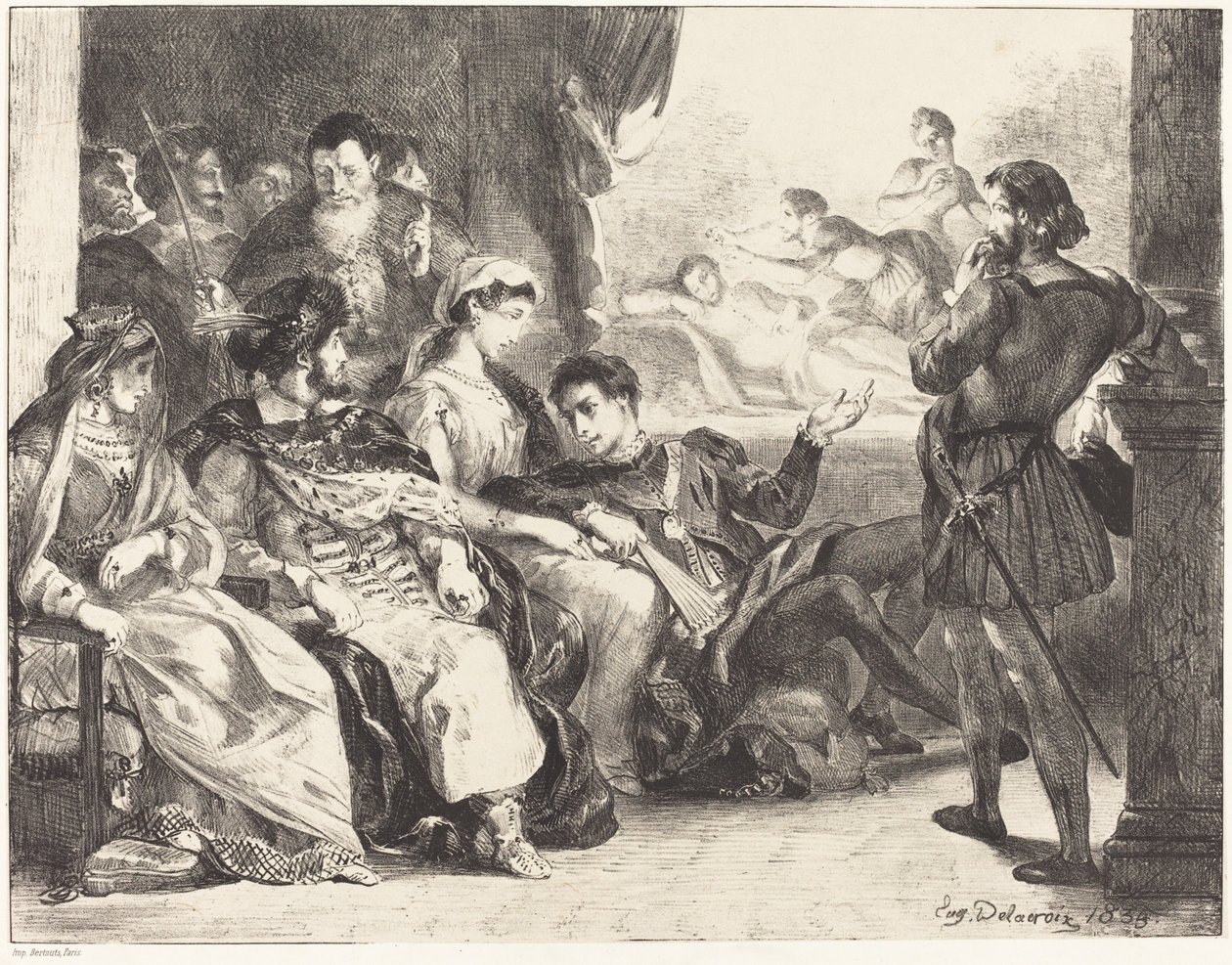 Actores representando el envenenamiento del padre de Hamlet, Acto III, Escena II, 1835 de Eugène Delacroix