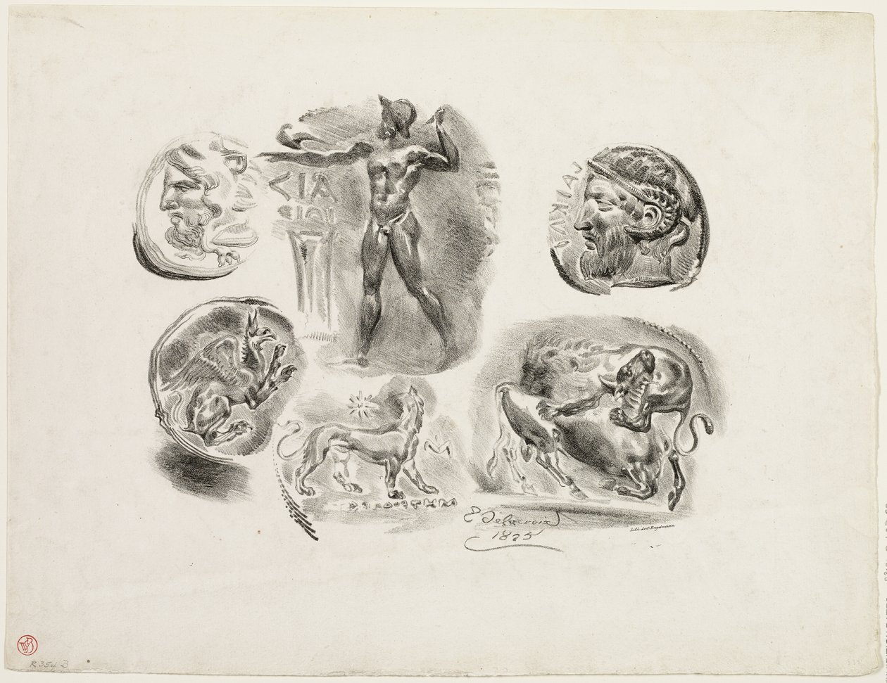 Hoja de seis medallas antiguas de Eugène Delacroix