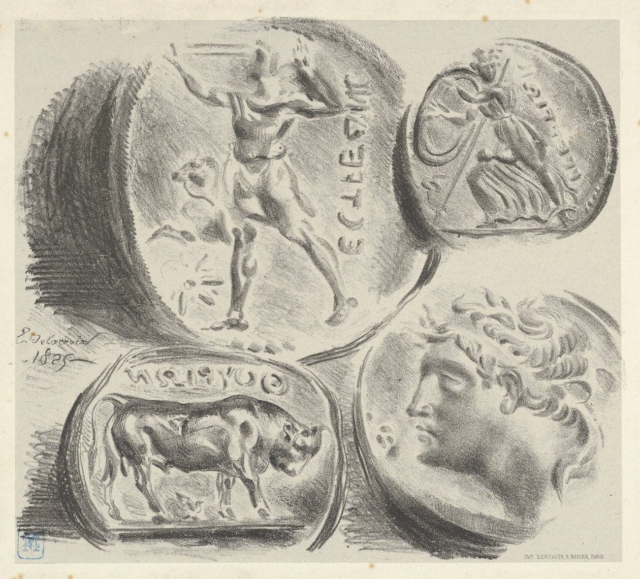 Estudios de cuatro monedas griegas, 1825 de Eugène Delacroix