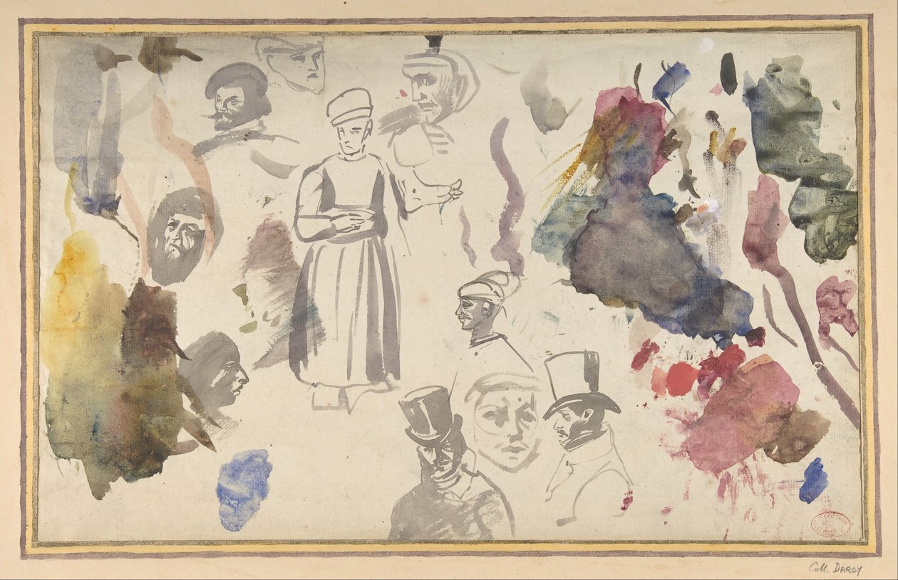 Estudios de cabezas masculinas y una figura masculina de pie de Eugène Delacroix