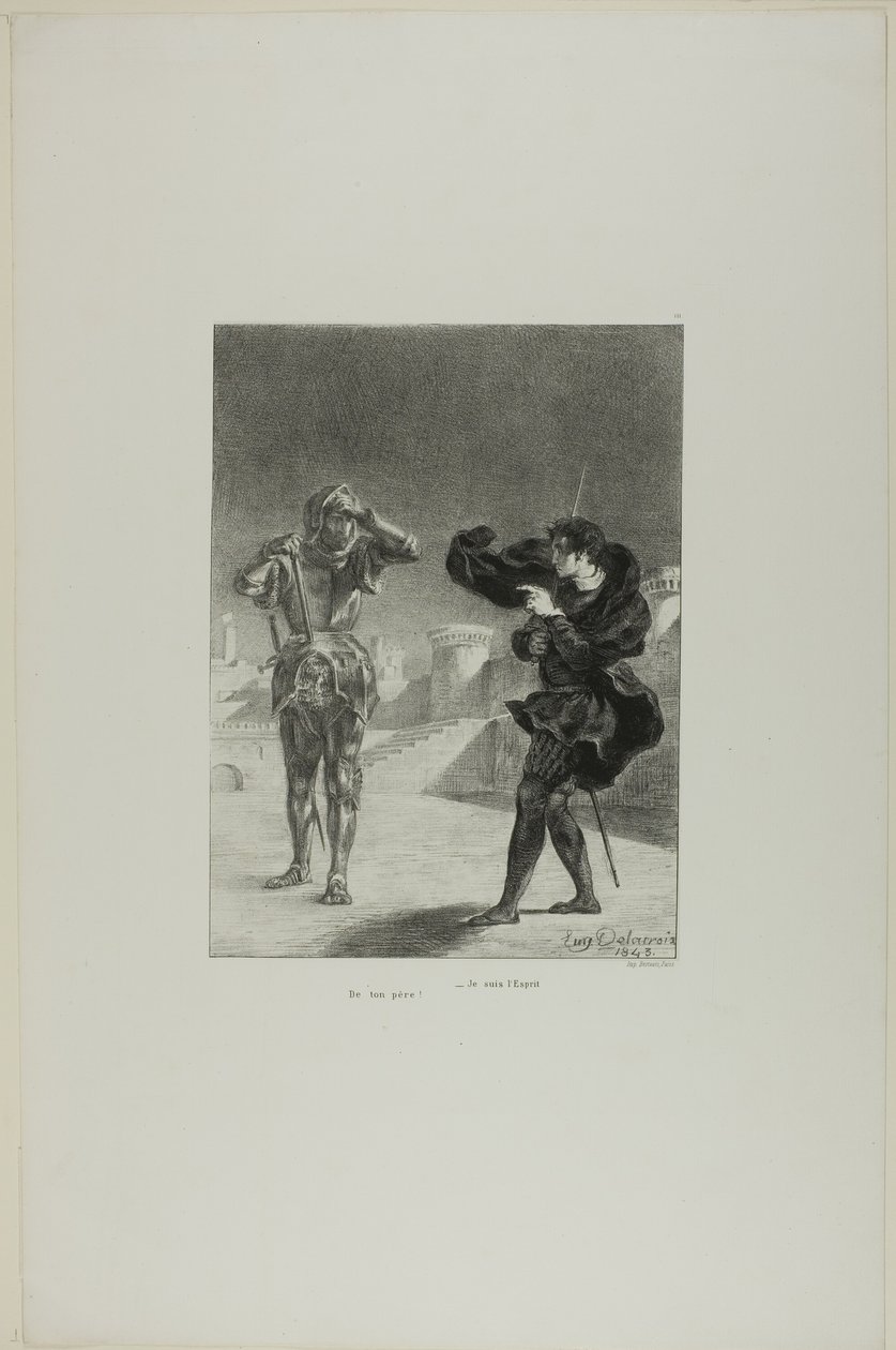 El fantasma en el andén, lámina 3 de Hamlet de Eugène Delacroix