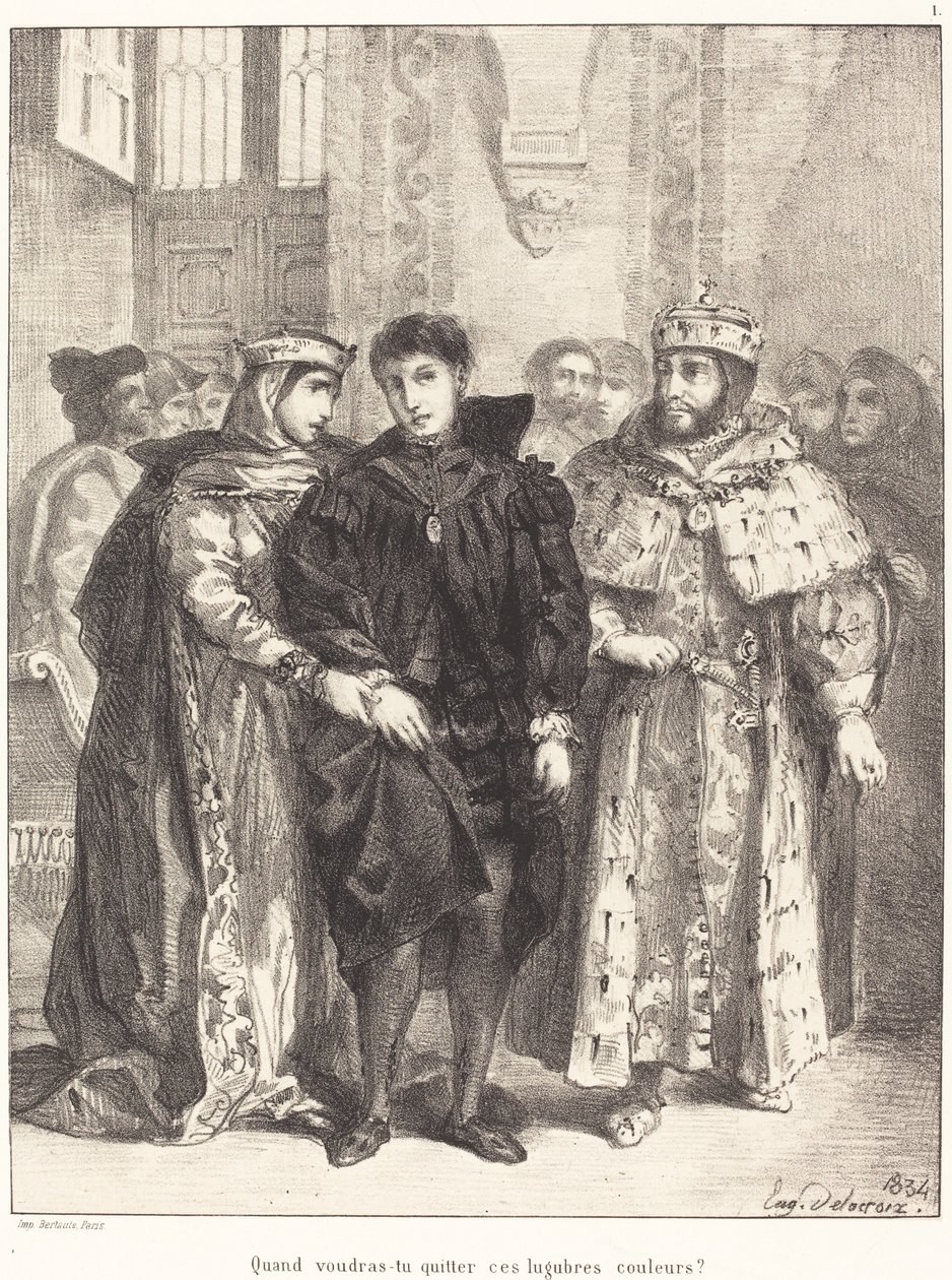 La Reina intenta consolar a Hamlet Acto I, Escena II de Eugène Delacroix
