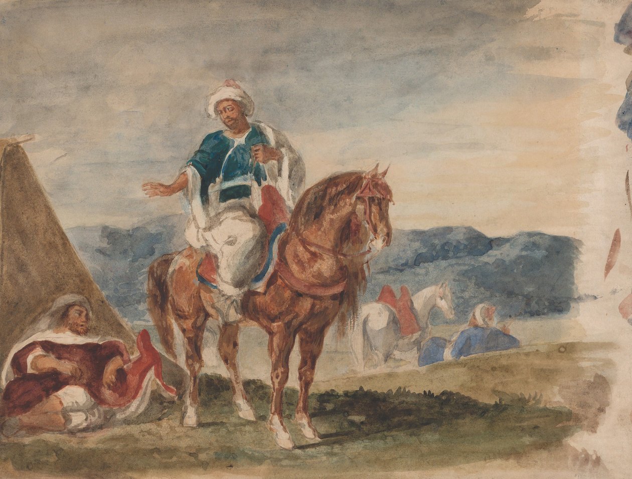 Tres Jinetes Árabes en un Campamento de Eugène Delacroix