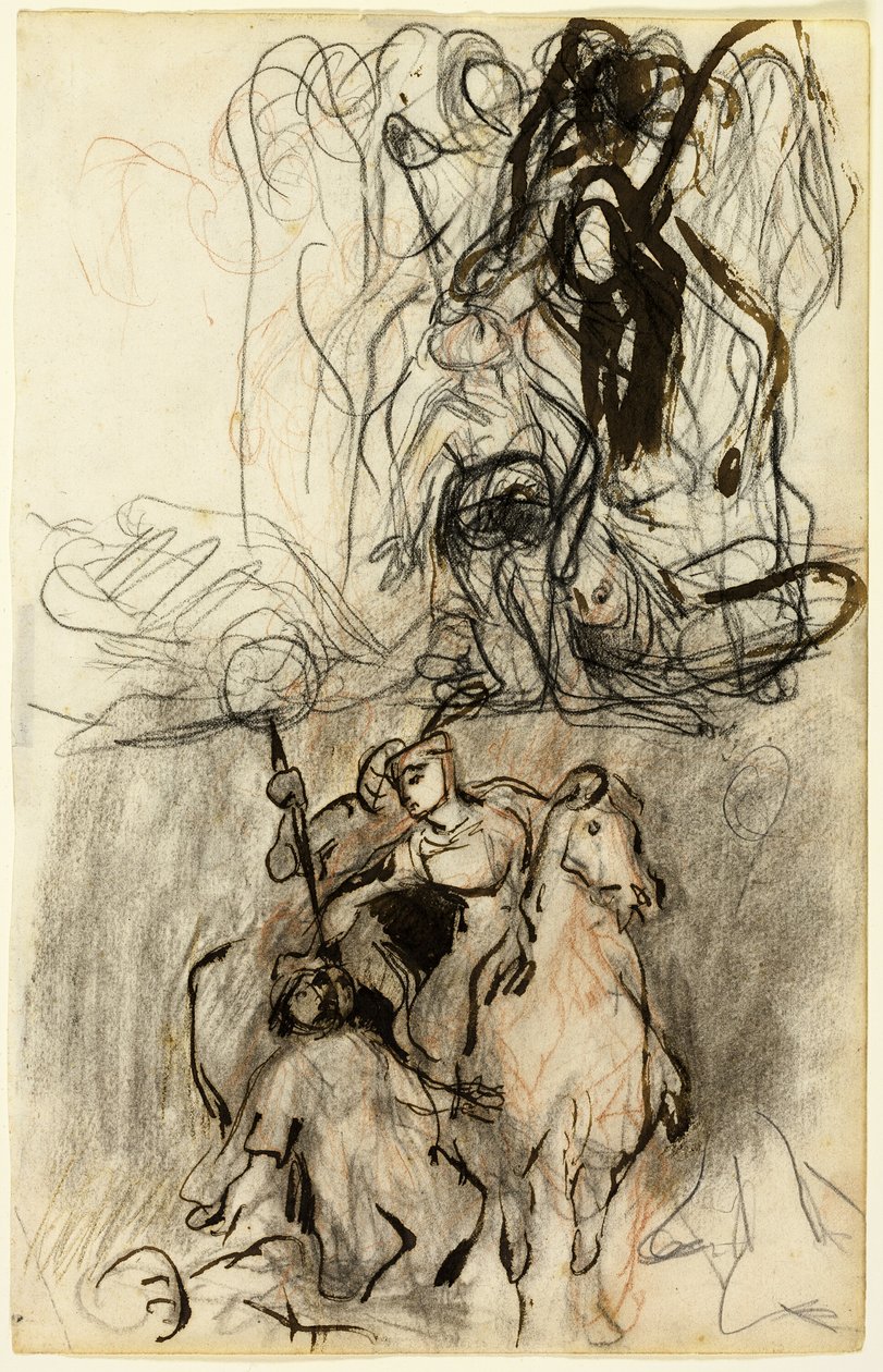Dos bocetos; jinetes armados y figura en el suelo de Eugène Delacroix