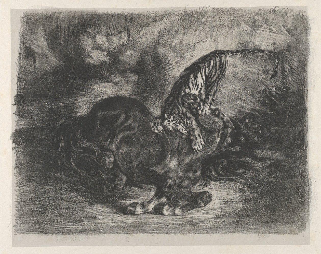 Caballo salvaje derribado por un tigre, 1828 de Eugène Delacroix