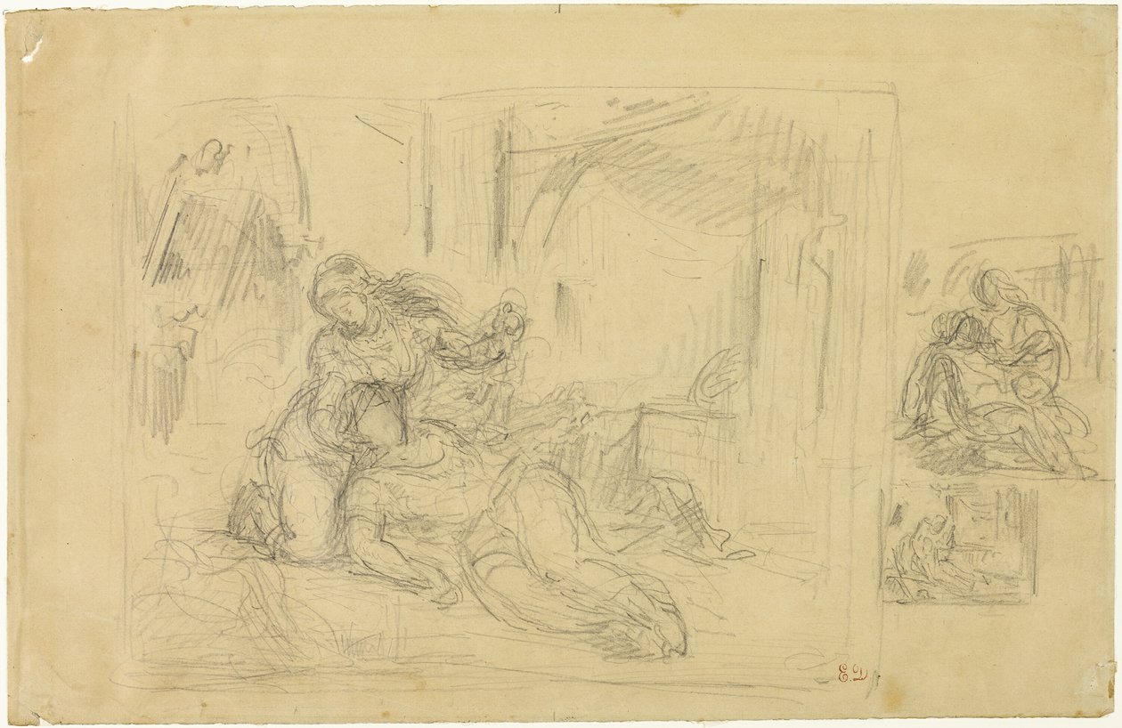 Mujer Muriendo(?), Hombre en el Dormitorio, Dos Bocetos del Mismo de Eugène Delacroix