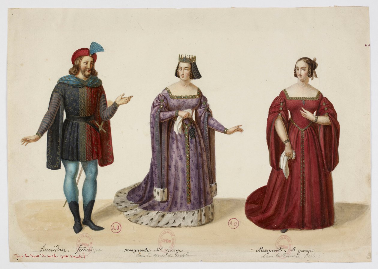 Vestuario - Frederic Lemaitre como Buridan, Mlle George como Marguerite de Bourgogne (La Tour de Nesle, septiembre de 1832) de Eugène Du Faget