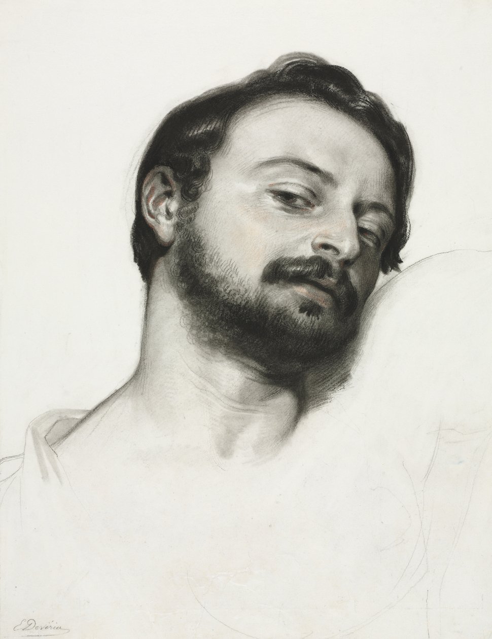 Cabeza de hombre (carboncillo realzado con sanguina sobre cartulina blanca) de Eugène François Marie Joseph Devéria