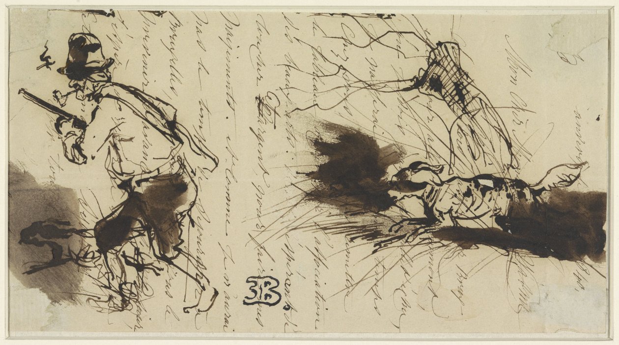 Cazador con perro, sobre una carta firmada de Eugène François de Block