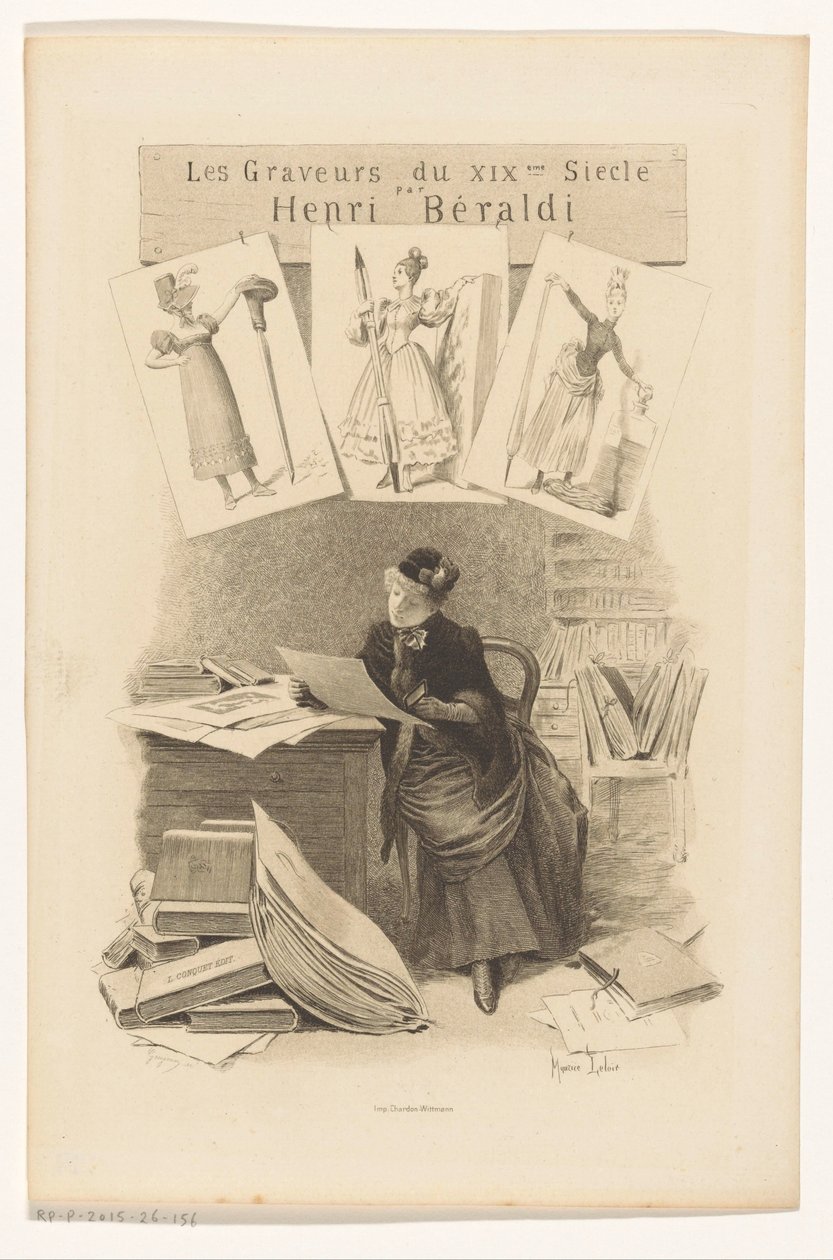 Una mujer ve las huellas detrás de un escritorio
Portada de: Henri Béraldi, Los grabadores del siglo XIX, 1899 de Eugène Gaujean