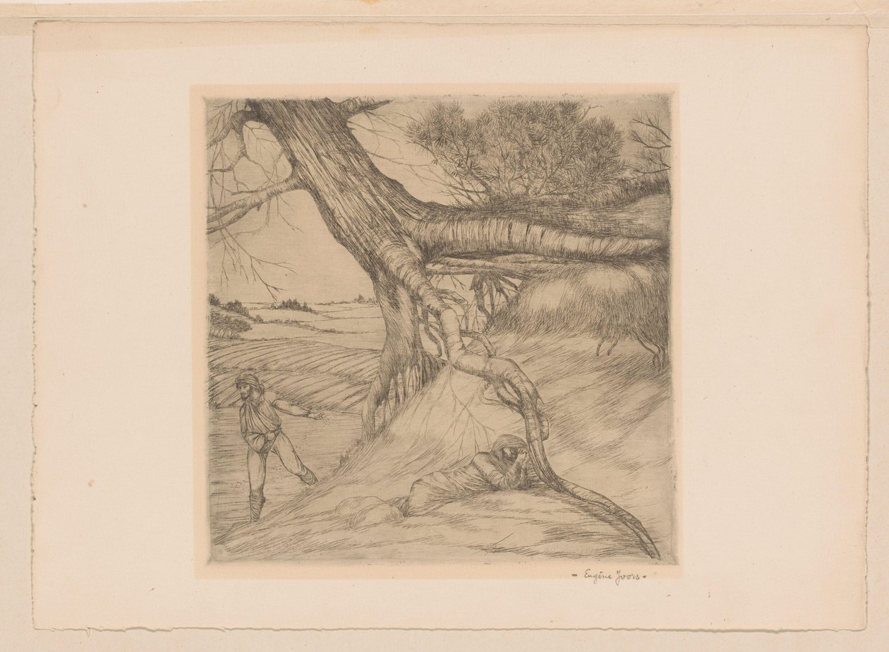 Sembrador y figura reclinada con las manos cruzadas en un paisaje de Eugène Joors (signed by artist)