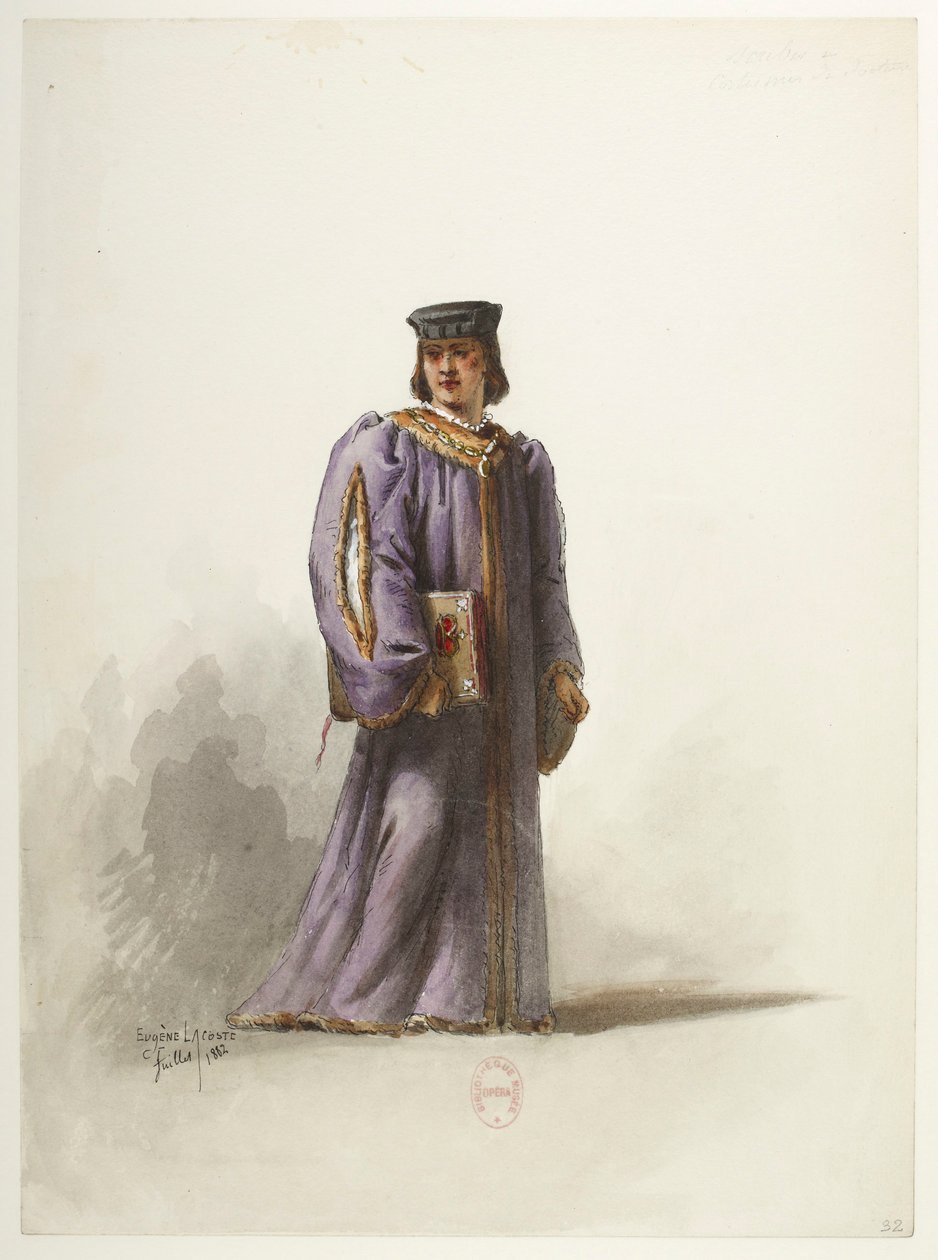 Btv1b84558104 32 - Saint-Saëns - Enrique VIII - Modelos de disfraces - Lacoste - 32. Escribano con traje de médico de Eugene Lacoste