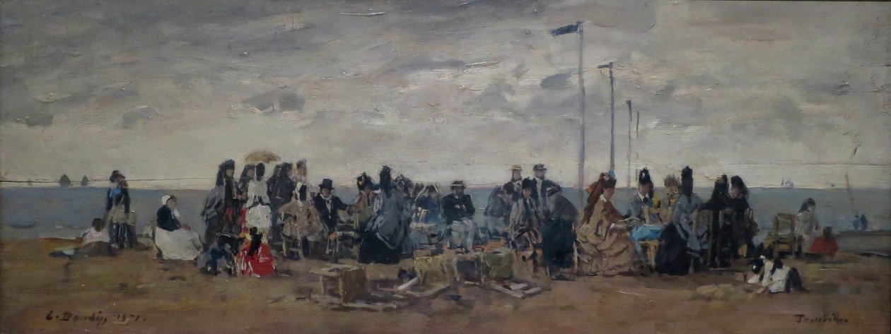 Kotava: "Piludafa nakila, Trouville (3) (trutca ke Boudin)"
Francés: Trouville. Escena de playa de Eugene Louis Boudin