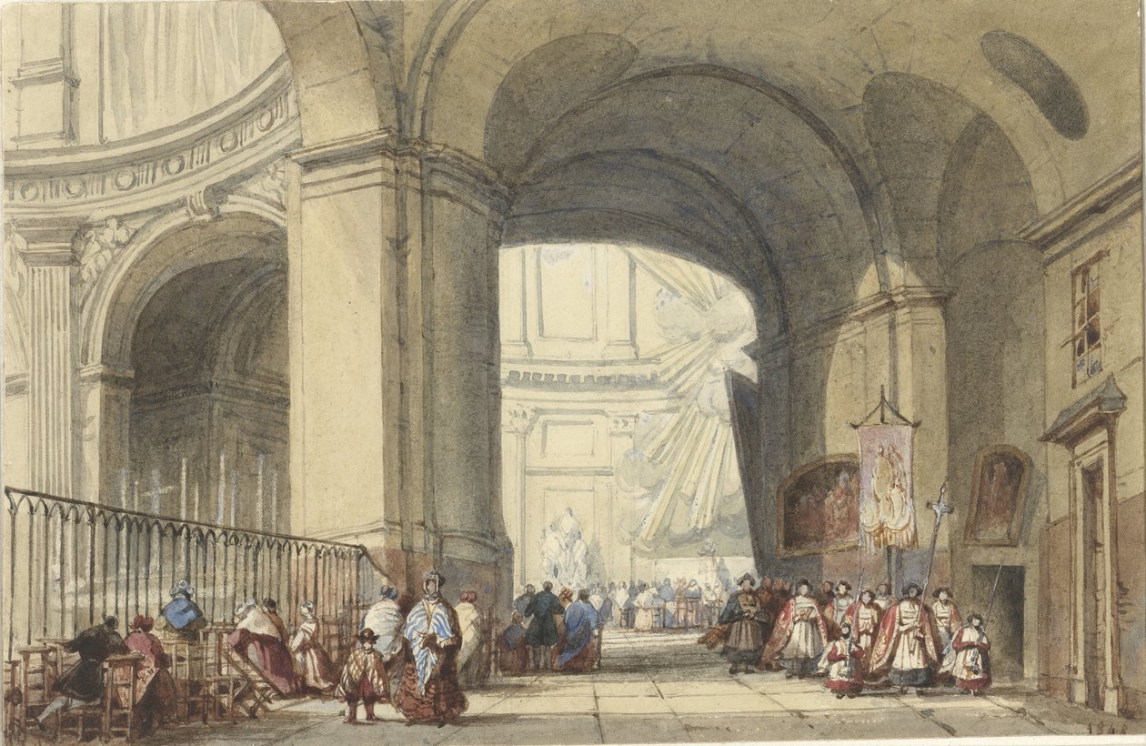 Interior de la S. Roche en París, con una procesión en primer plano de Eugène Louis Lami (possibly)