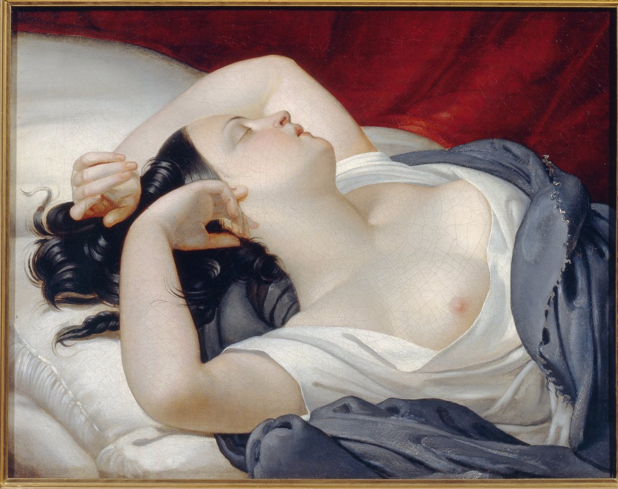 Mujer italiana dormida. Hermosa mujer con los ojos cerrados y el pecho descubierto, durmiendo lascivamente al borde de la cama. Pintura de Eugene Pluchart (1809-1880), óleo sobre lienzo, hacia 1840. Arte francés de Eugéne Pluchart