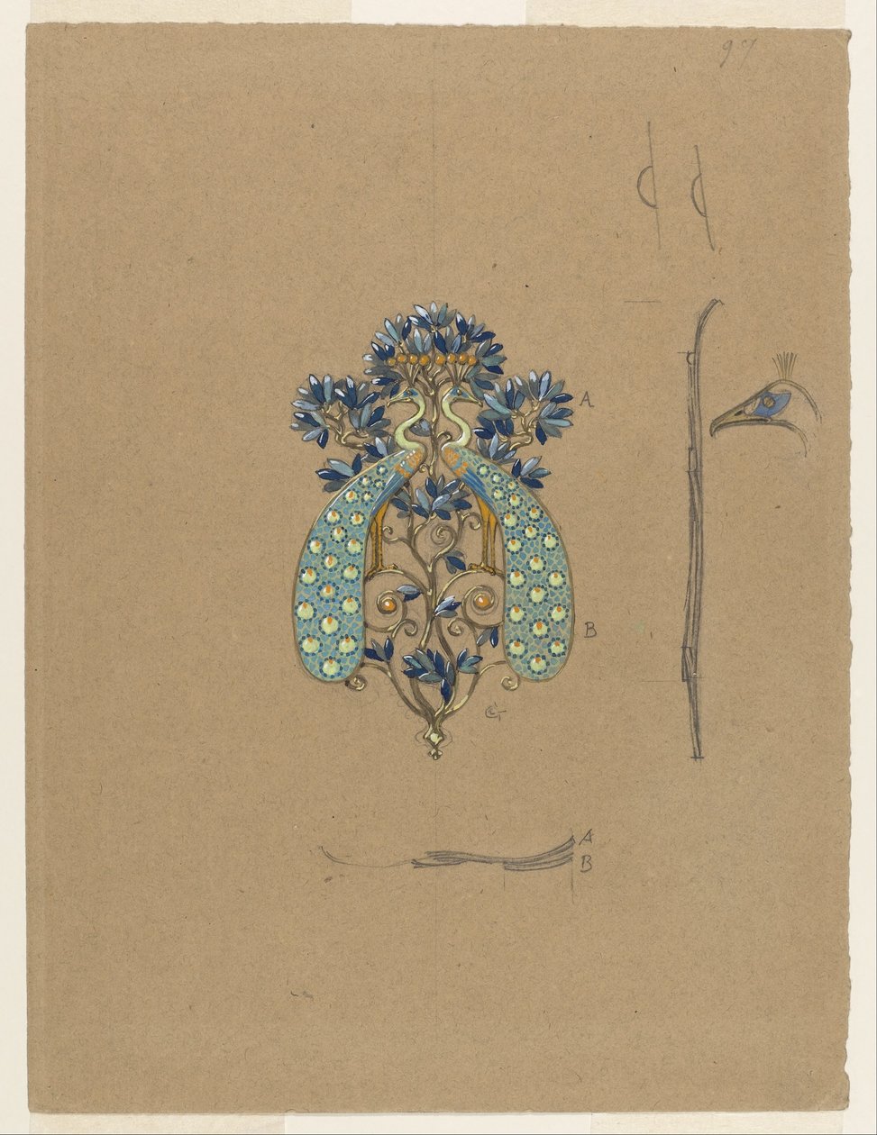 Diseño para una hebilla de cinturón con motivo de pavo real de Eugene Grasset