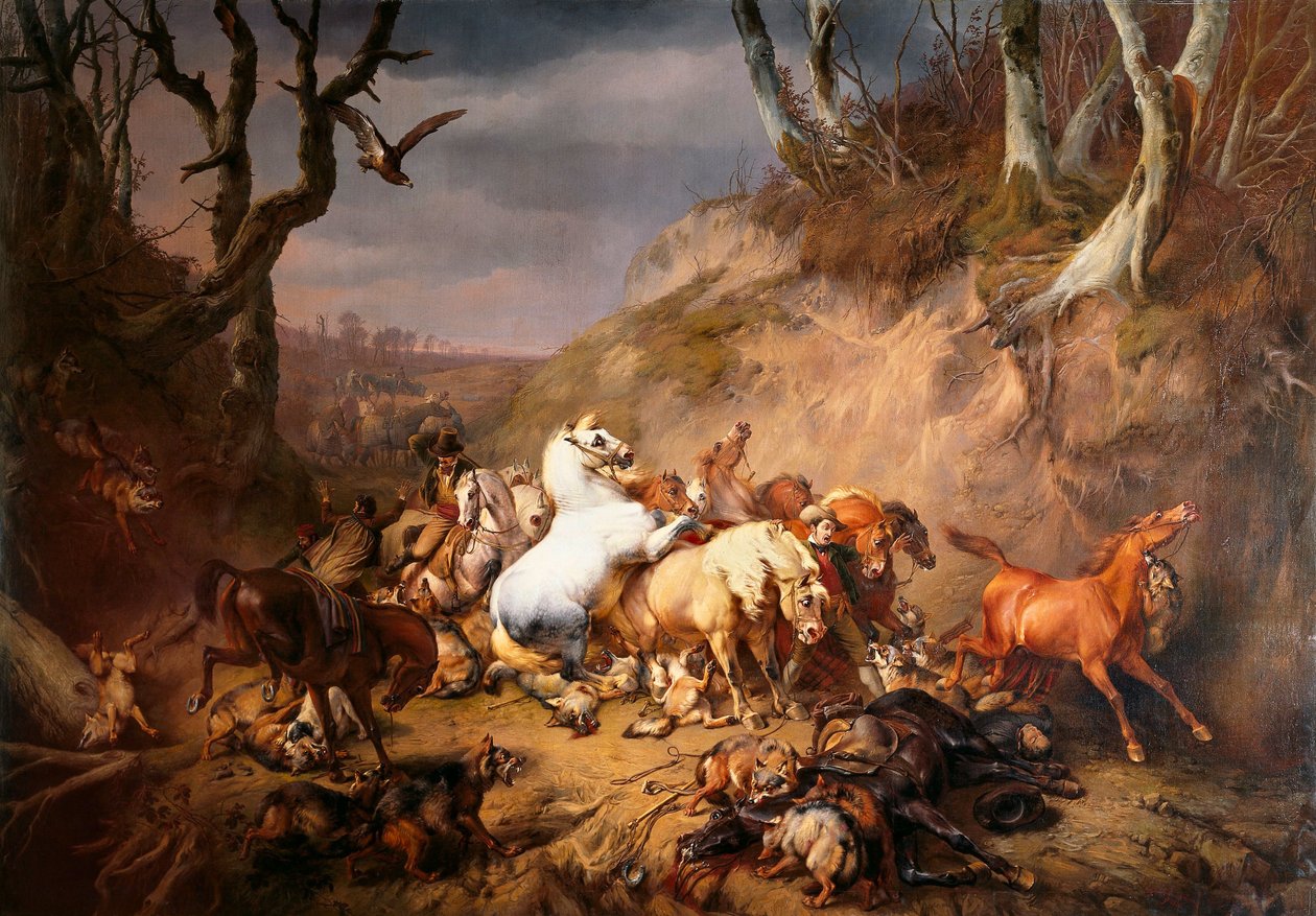 Lobos hambrientos atacando a un grupo de jinetes de Eugène Verboeckhoven