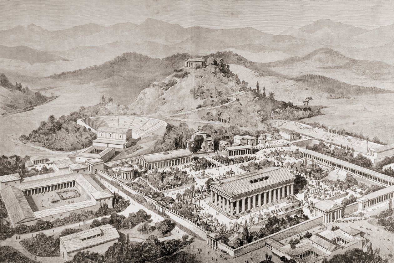 Impresión artística de Olimpia, Grecia, en la época de los antiguos Juegos Olímpicos, de 