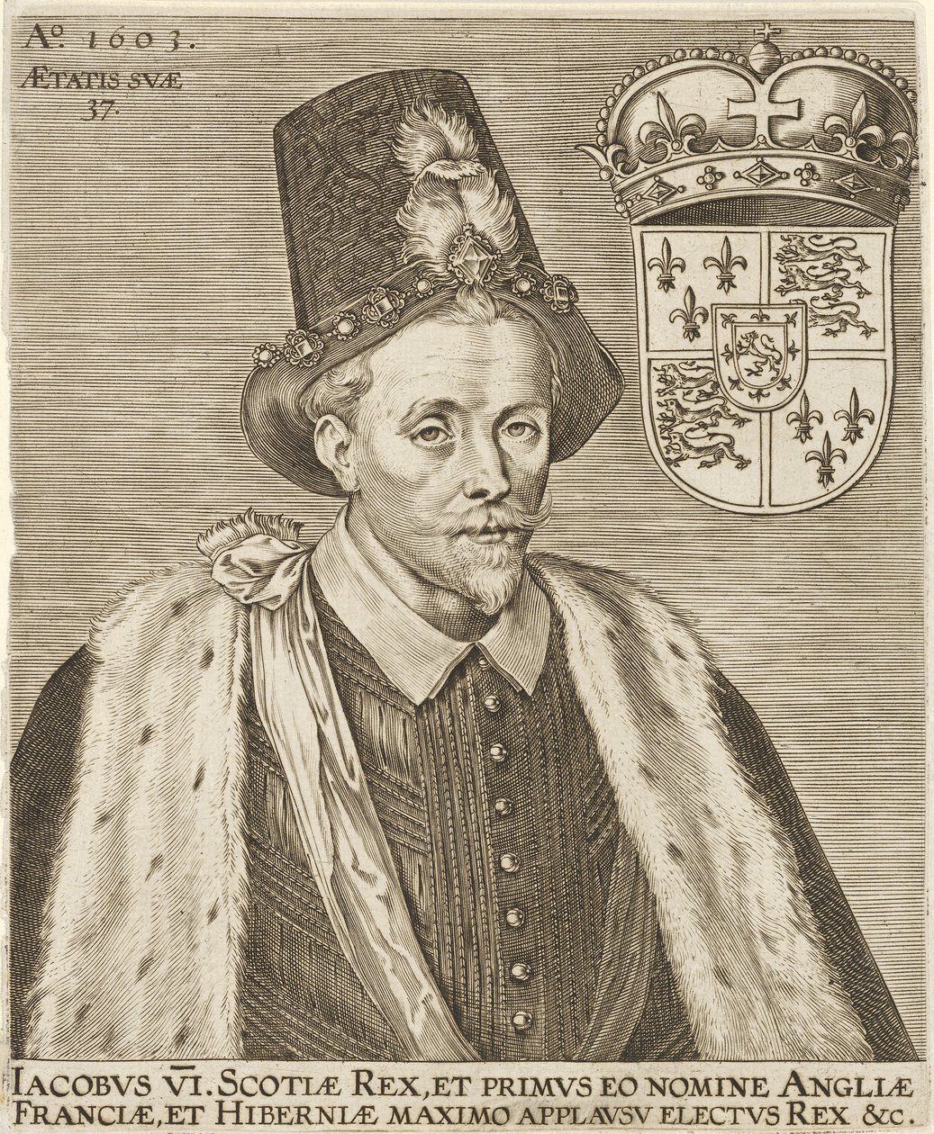 Jacobo VI de Escocia y Jacobo I de Inglaterra, pub. 1603 de European School